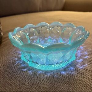 FENTON BLUE OPALESCENT  CANDY DISH BOWL GRAPE and DIAMOND PATTERN Signed
